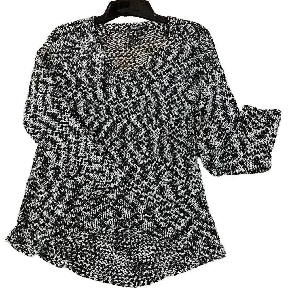 Eileen Fisher PP/PTP Open Knit Sweater Black White Gorgeous Unique Artsy Tunic